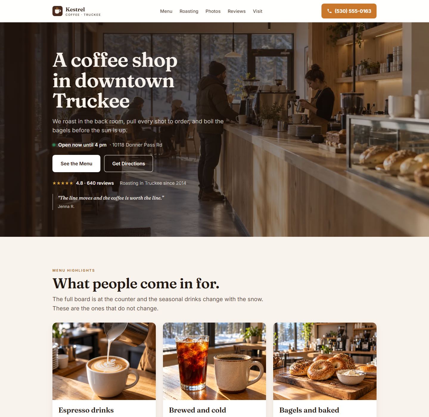 Homepage of the coffee shop demo site