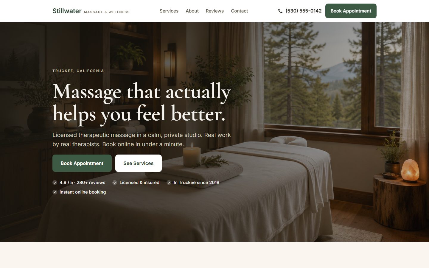 Homepage of the massage therapy demo site